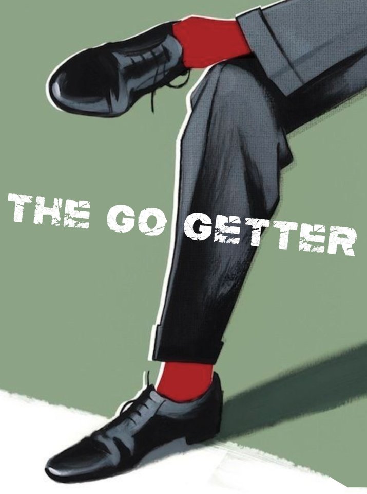 The Go Getter logo: crossed legs in charcoal trousers, red socks and black oxfords on sage green